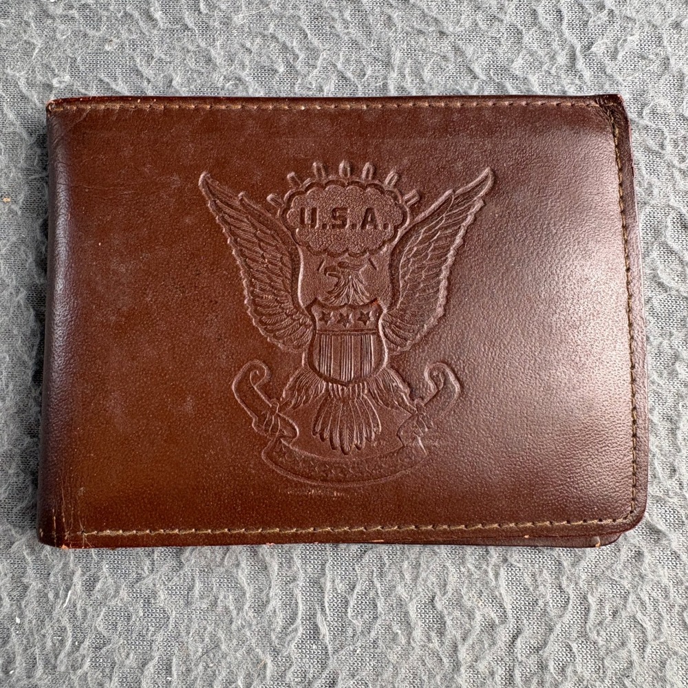 Vintage Rolfs Brown Leather Bifold Wallet USA Eagle Crest Embossed Coin Pouch